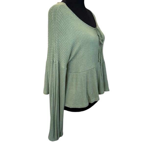 LUSH NORDSTROM ~ Sage Green Long Sleeve Waffle Knit Babydoll Top Size M - Picture 5 of 7